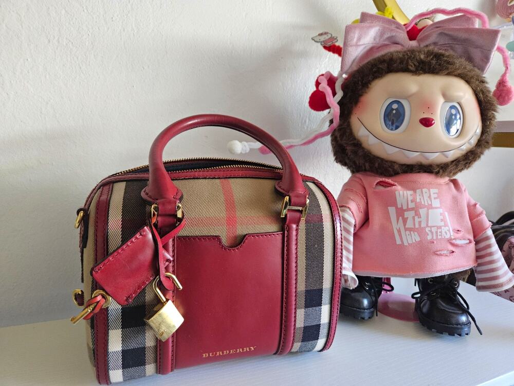 Burberry Plaid Small Satchel Top Handle Zip Bag Charm Gold W COA